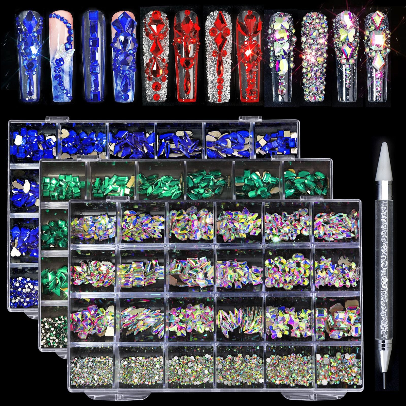 2400 pcs Flat Back AB Nail Rhinestones Multi Shape