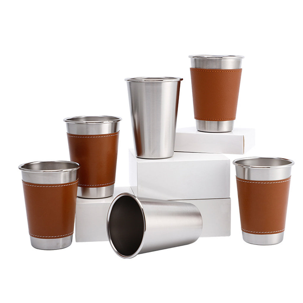 16oz Stainless Steel Drinking Cup With PU Leather Sleeve