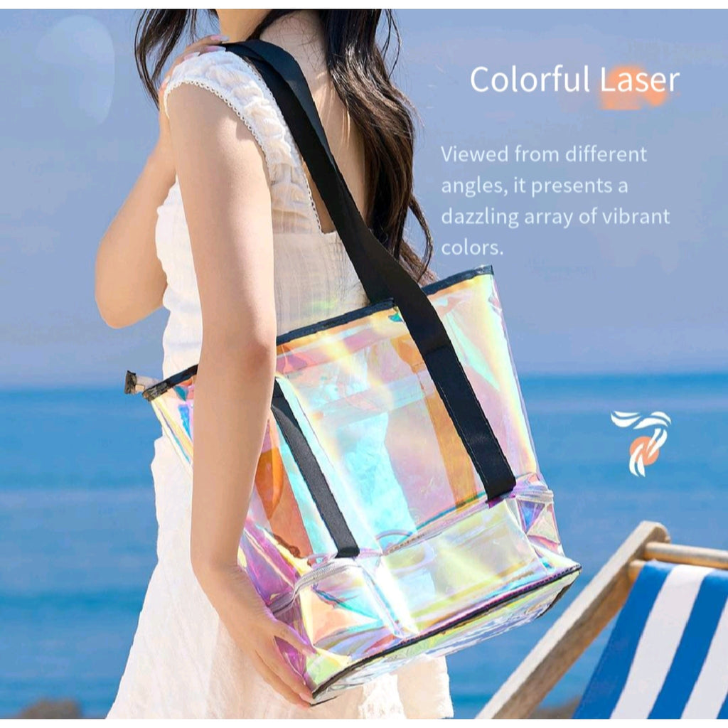 PVC Holographic Wet Dry Beach Bag Separate Shoe Compartment