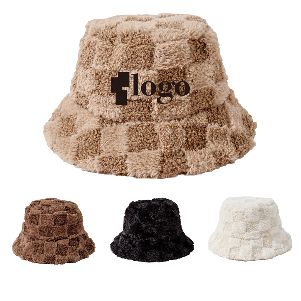 Furry Bucket Hat Checkerboard Fisherman'S Hat