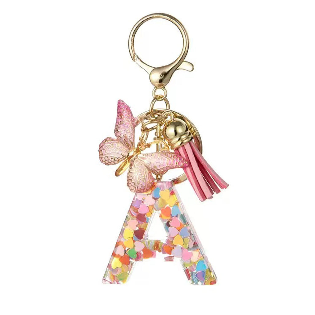Resin Initial Keychain With Butterfly Pendant