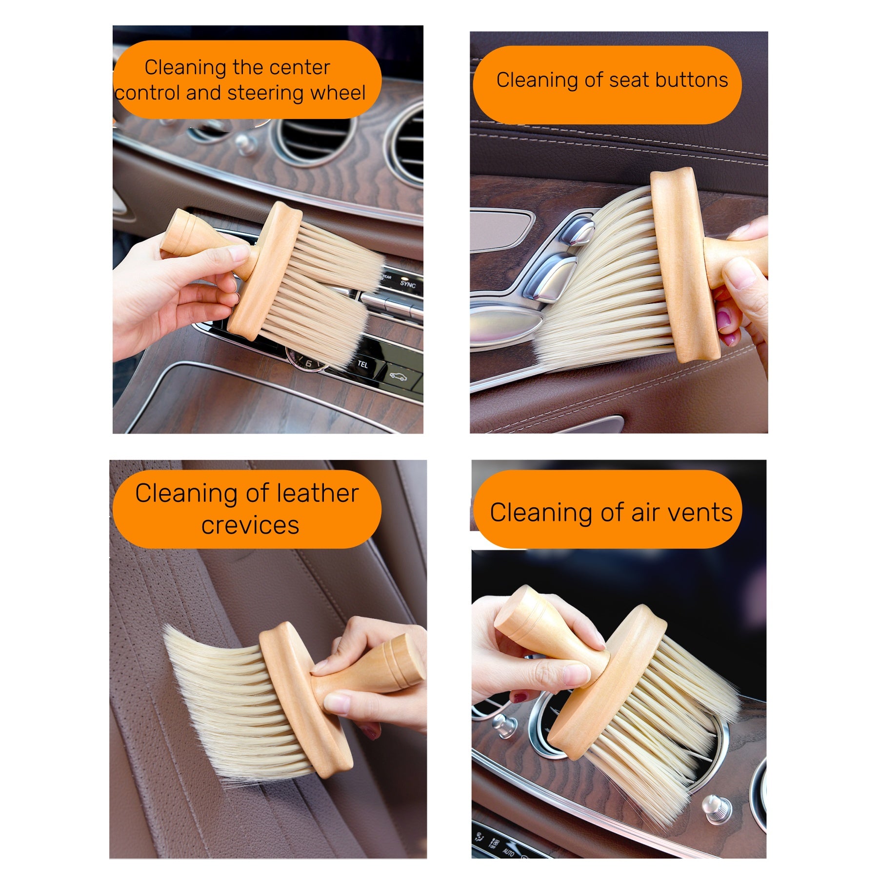Solid Wood Bristle Brush For Car Interior Cleaning