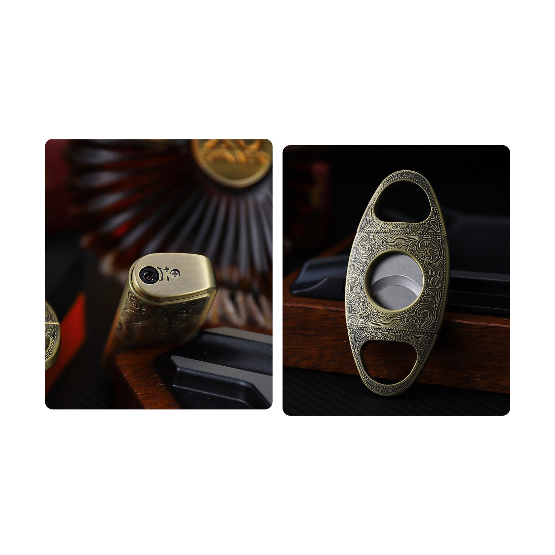 Cigar Cutter Set Embossed Metal Alloy Lighter