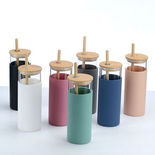 17 Oz Bamboo-Covered Glass Straw Cup