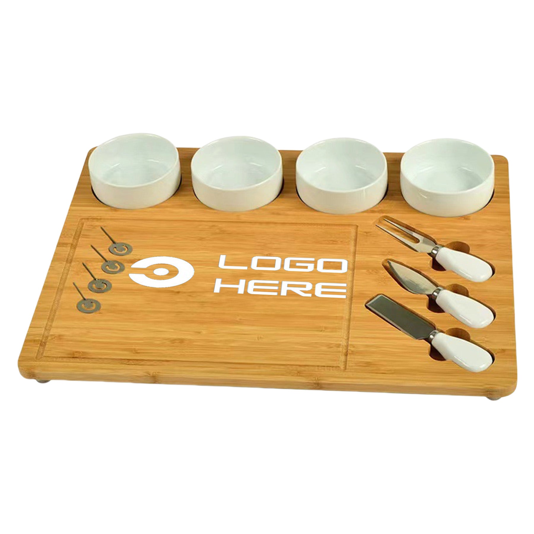 Bamboo Cheese Board Set With 4 Ceramic Bowls And Knives