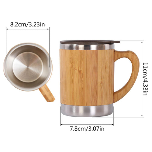 12 Oz Bamboo Stainless Steel Coffee Mug With Lid Handle