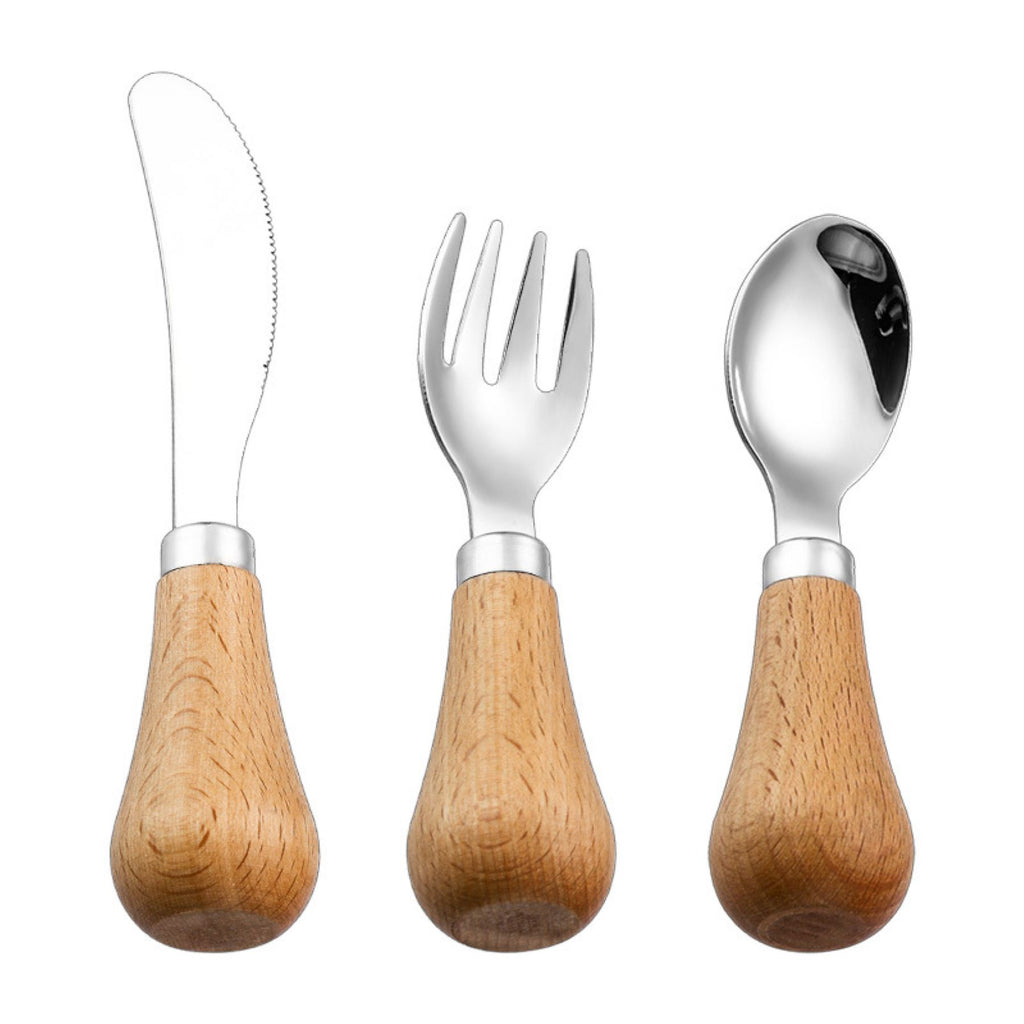 Children's Cutlery with Short Solid Wood Handles