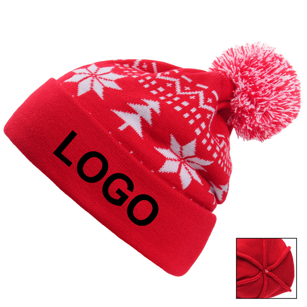 Snowflake Pattern Pompom Knitted Christmas Hat