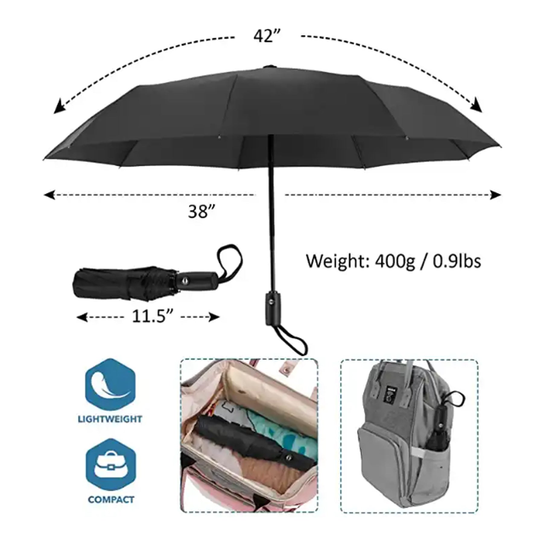 8 Ribs Portable Automatic Light Folding Rain Umbrella