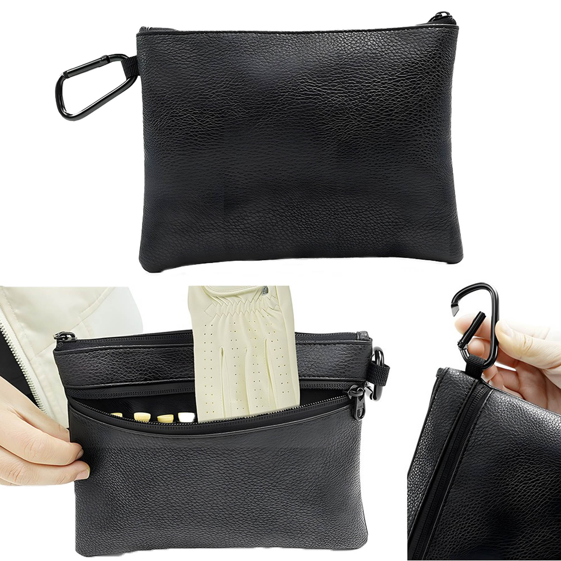 Large PU Leather Golf Accessory Bag w/Zipper Closure & Metal Carabiner