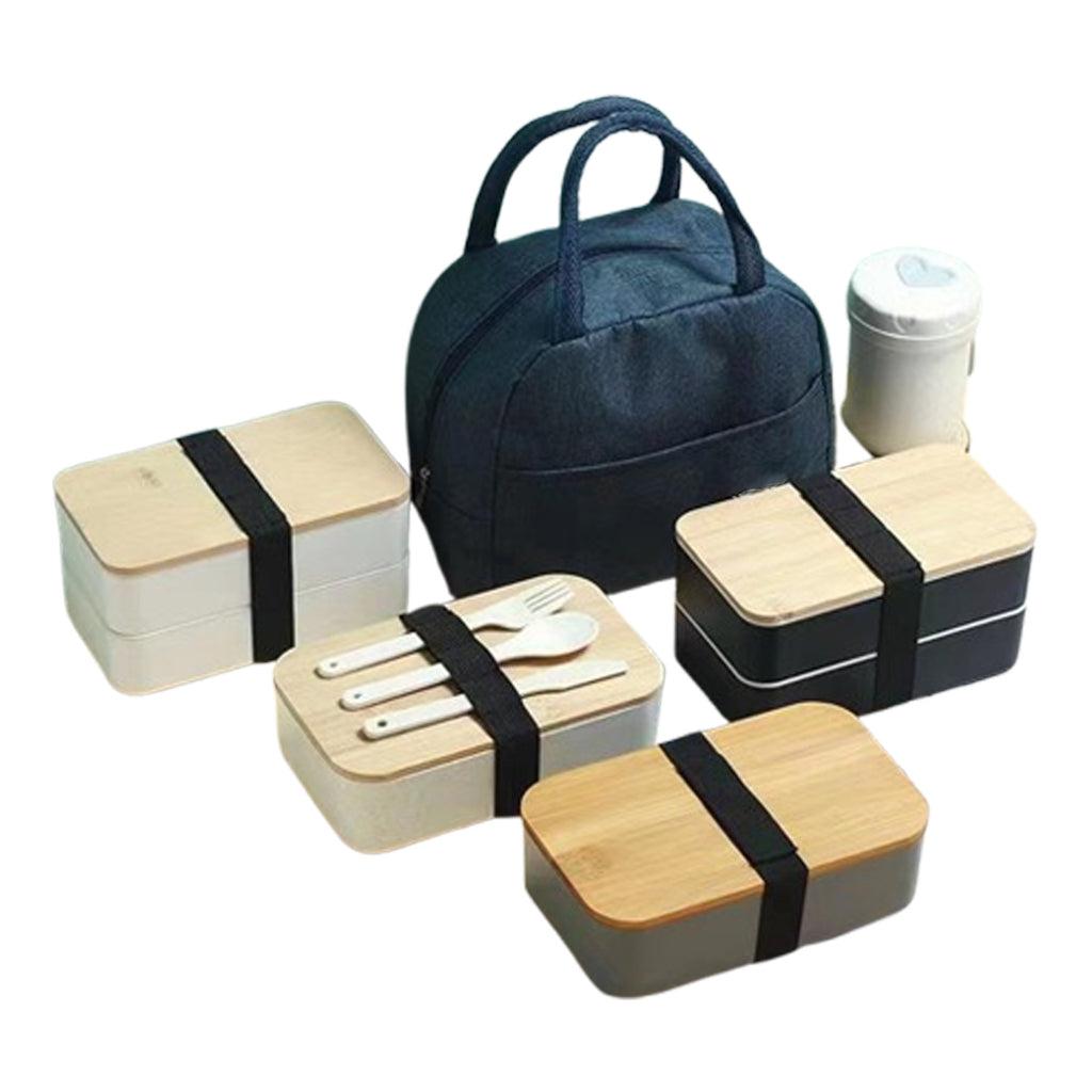 Double Layer Lunch Box With Wood Grain Cover