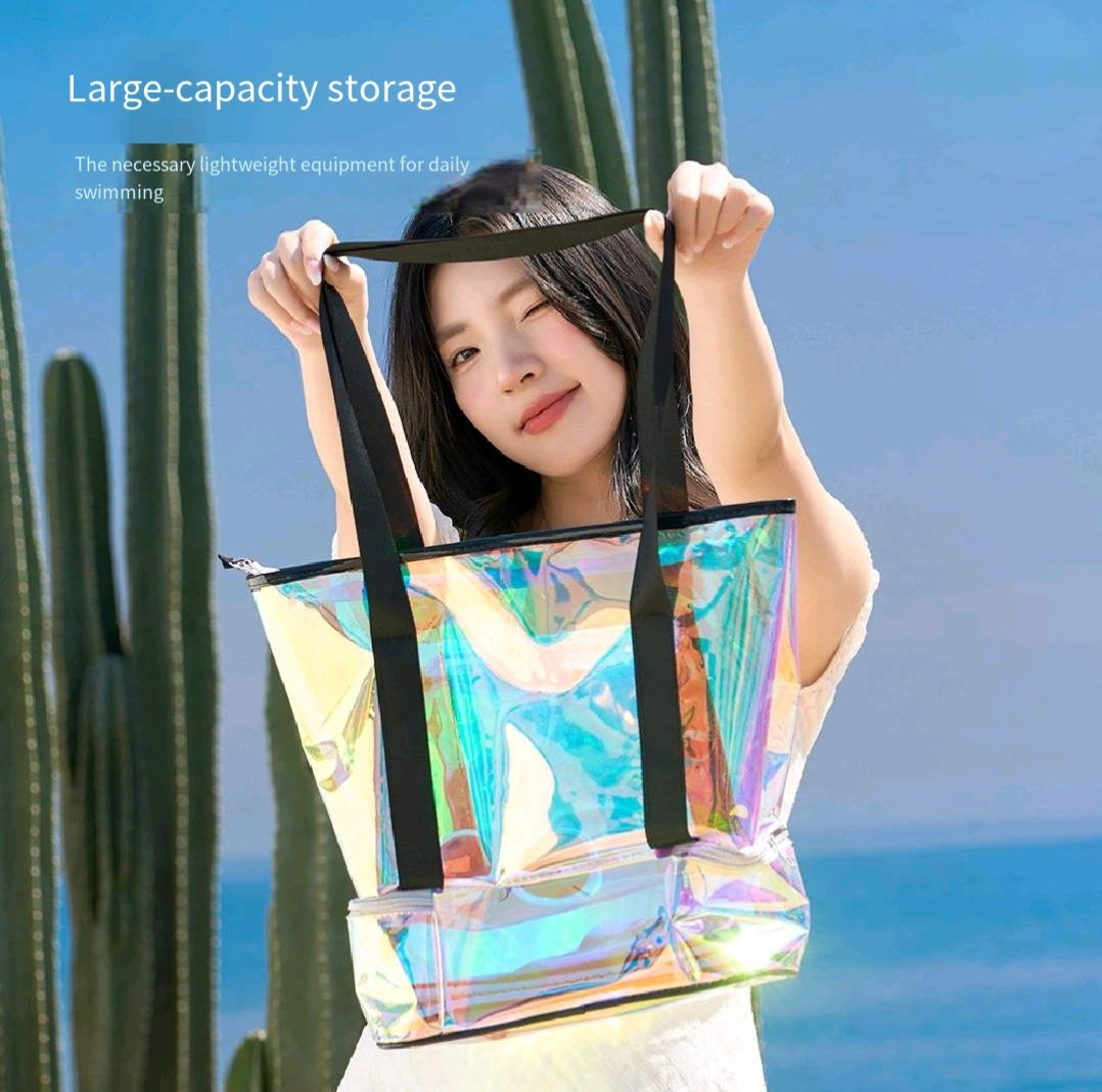 PVC Holographic Wet Dry Beach Bag Separate Shoe Compartment