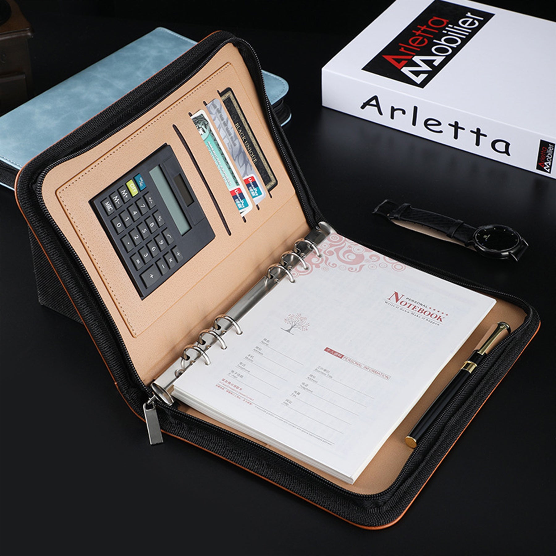 A5 Business PU Leather Zipper Bag Loose Leaf Notebook With Calculator