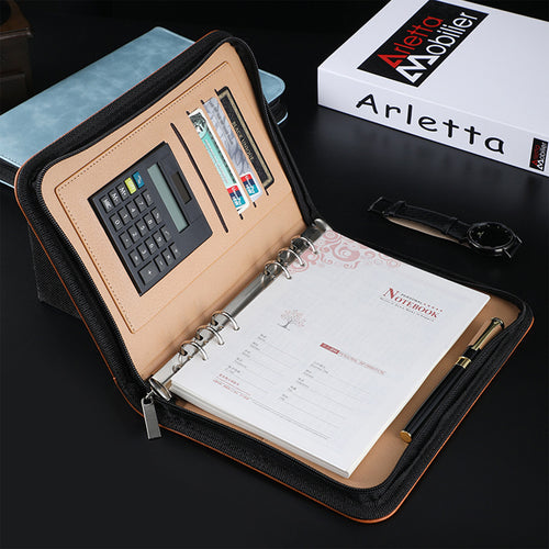 A5 Business PU Leather Zipper Bag Loose Leaf Notebook With Calculator
