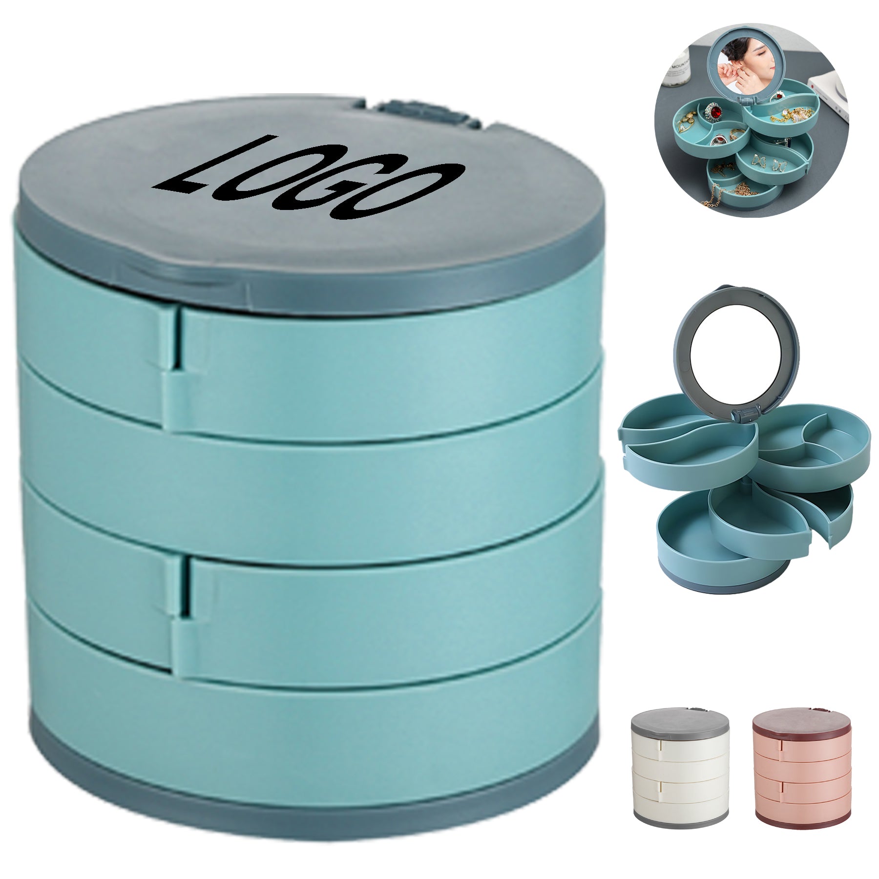 4 Layer Rotating Plastic Jewelry Box With Mirror