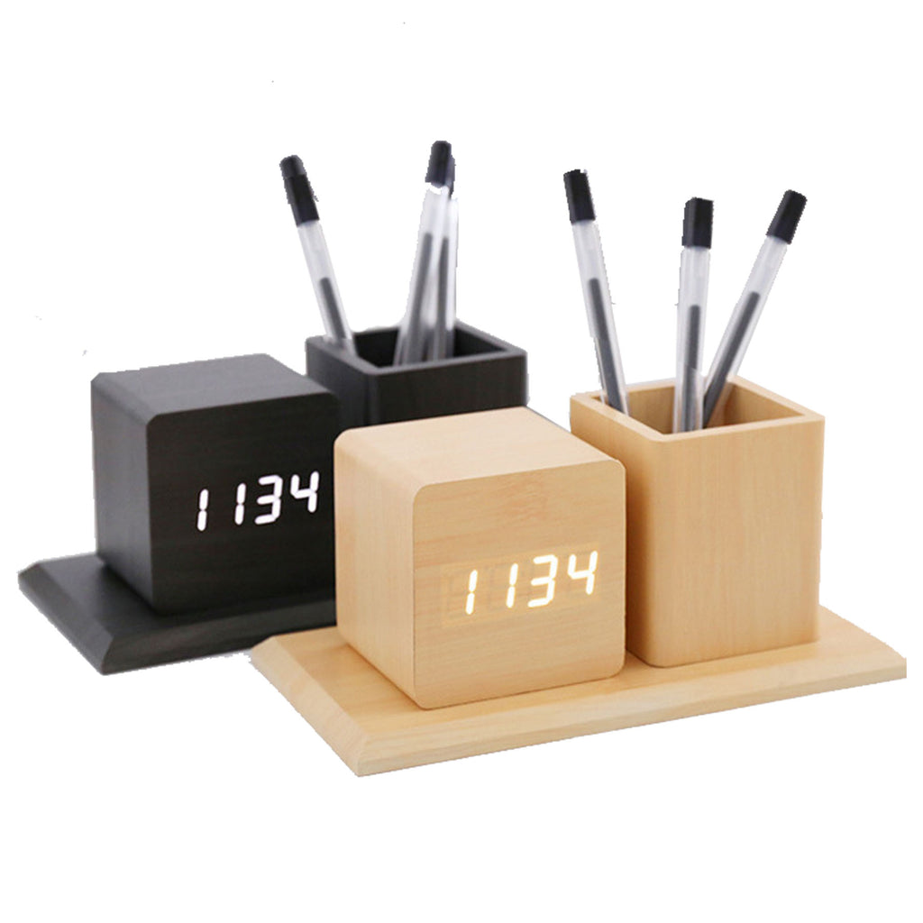 Wooden Digital Desk Clock W/ Pen Holder