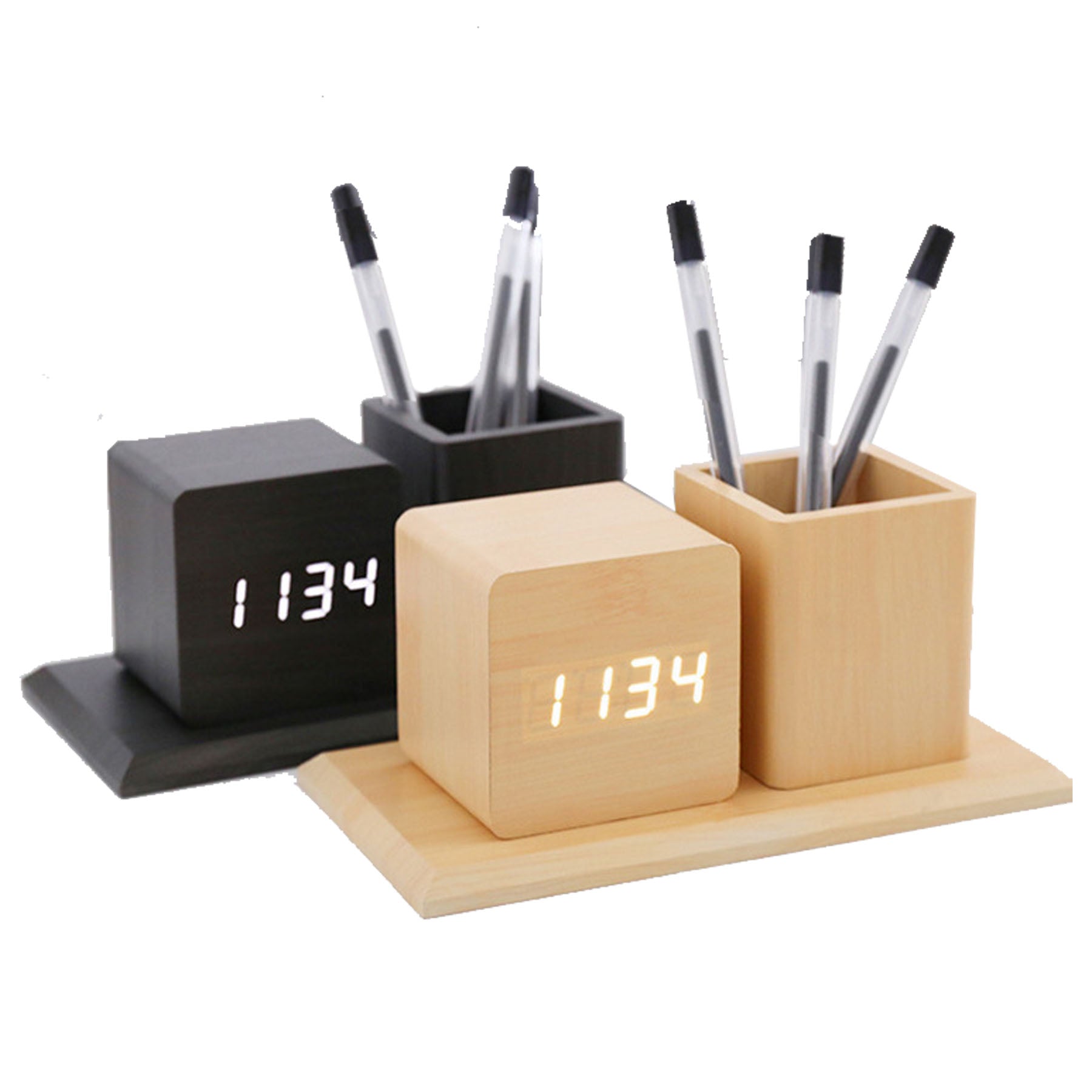 Wooden Digital Desk Clock W/ Pen Holder