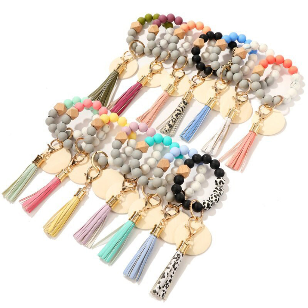 Silicone Beaded Wood Bracelet Keychain