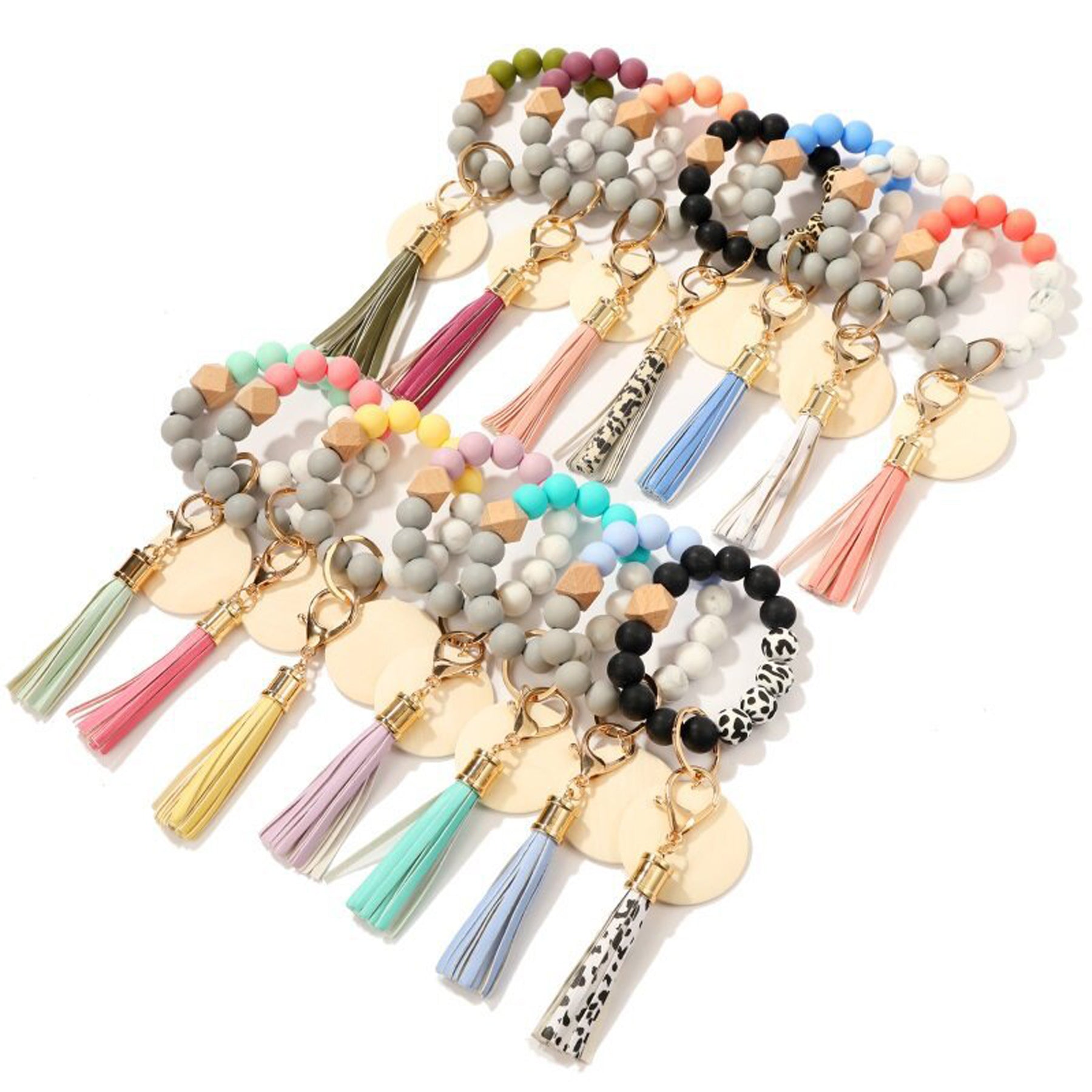 Silicone Beaded Wood Bracelet Keychain