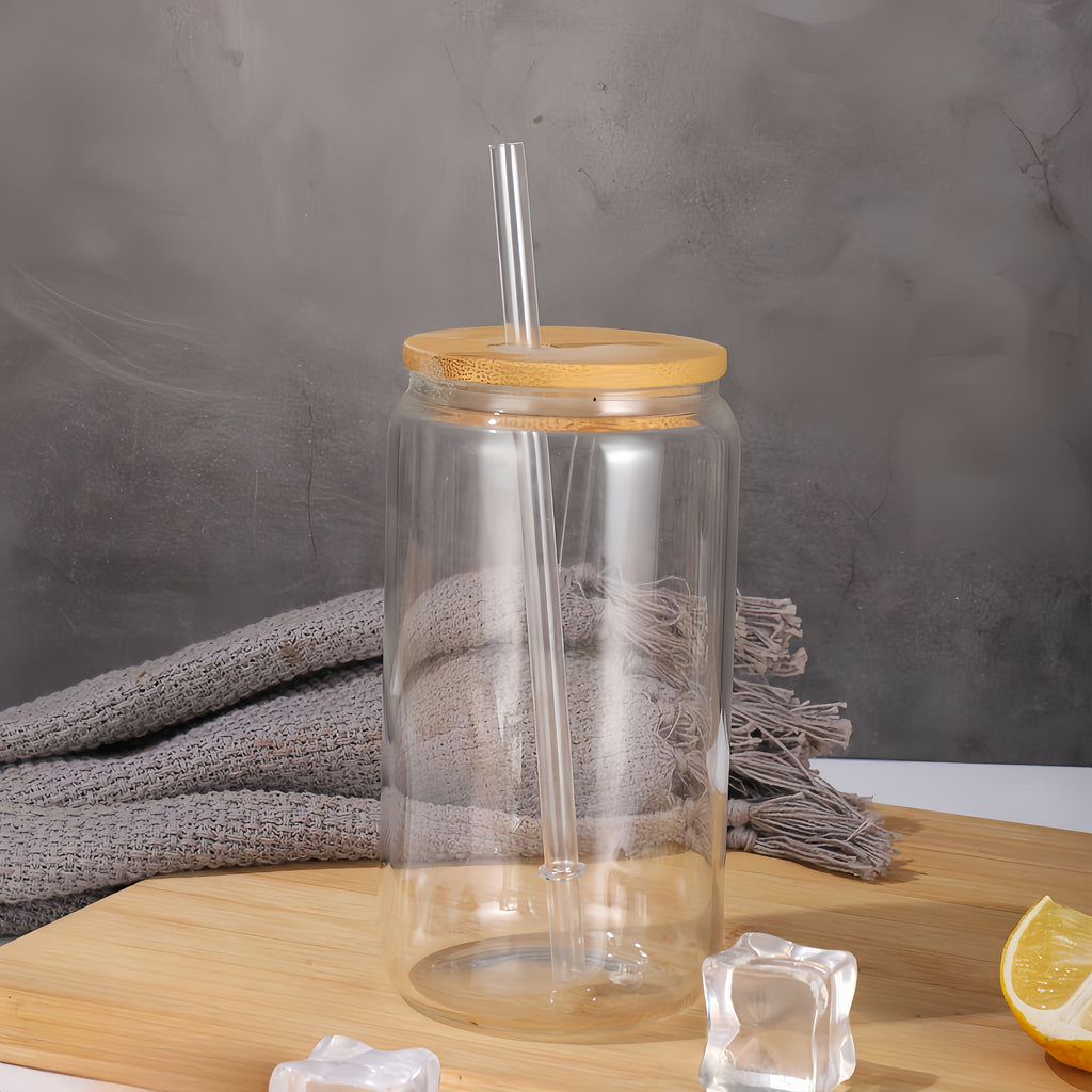 16-Ounce Glass Cup With A Natural Bamboo Lid And A Straw