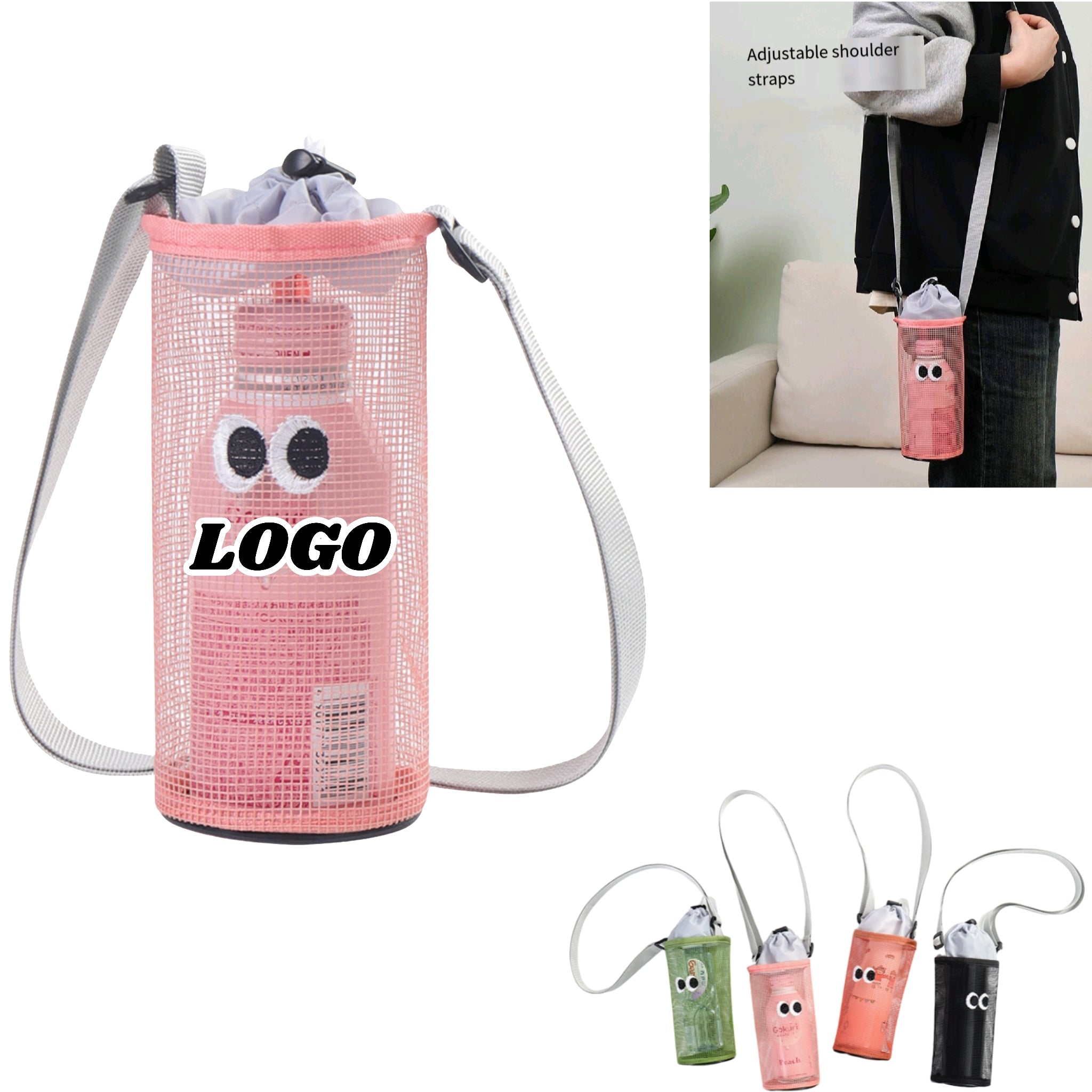 Drawstring Lock Bottle Carrier Adjustable Crossbody Mesh