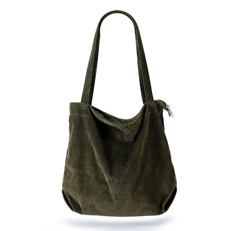 Corduroy Tote Bag with Zipper and Pockets Big Capacity