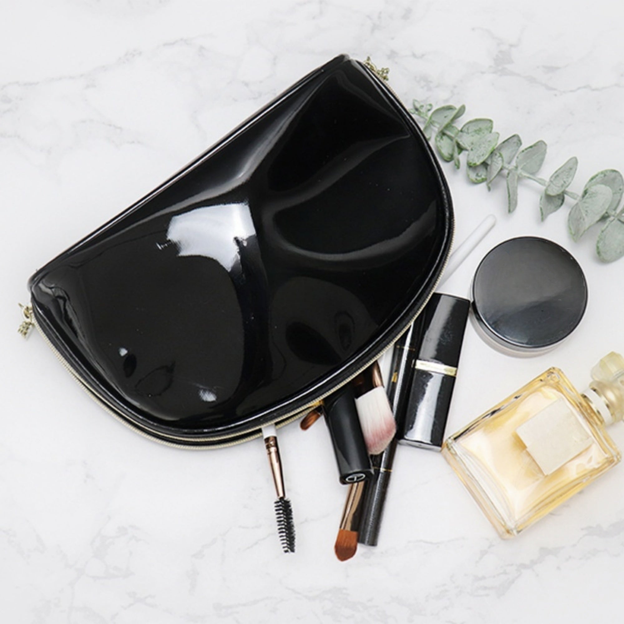 Portable PVC Patent Leather Glossy Black Cosmetic Bag