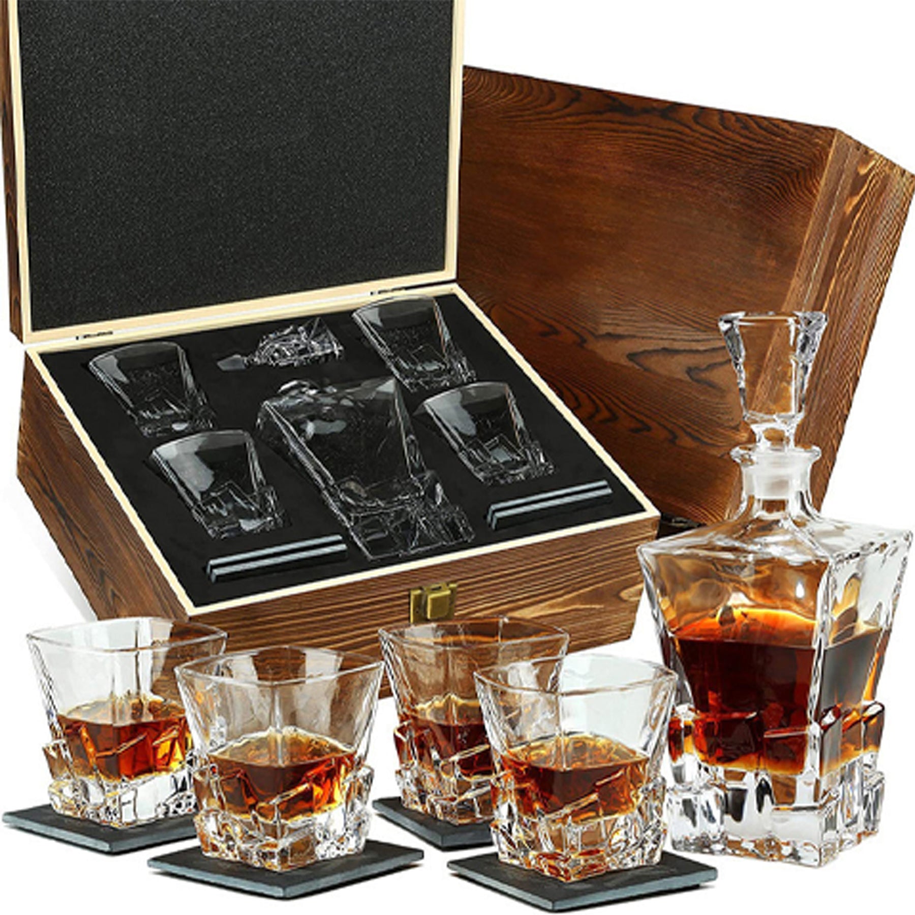 Decanter - Front Only - 4 Glasses - Wood Box