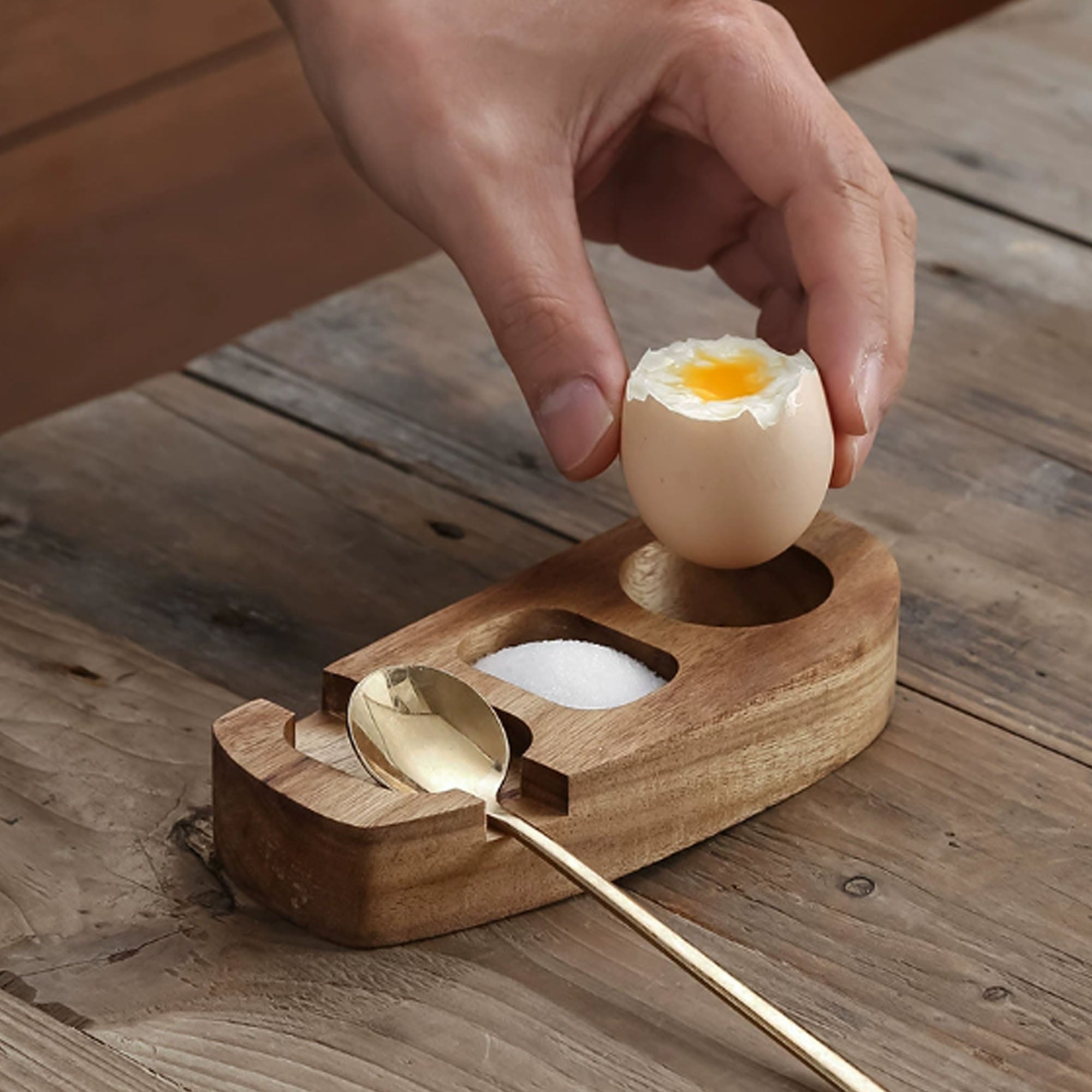 Acacia Wooden Egg Tray With 304 Stainless Steel Gilded Spoon