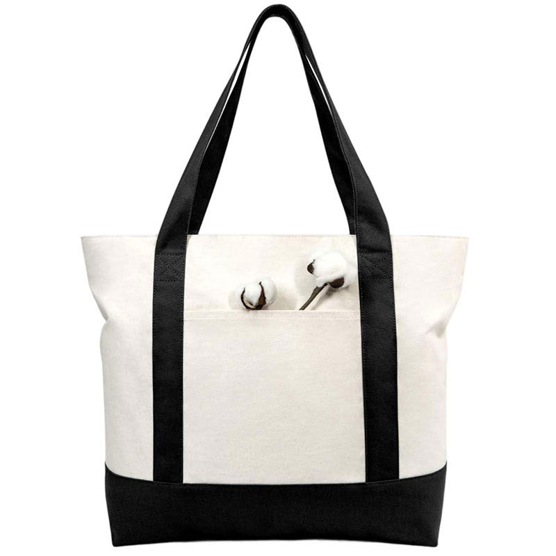 Canvas Tote Bag with Zipper External Pocket Reusable