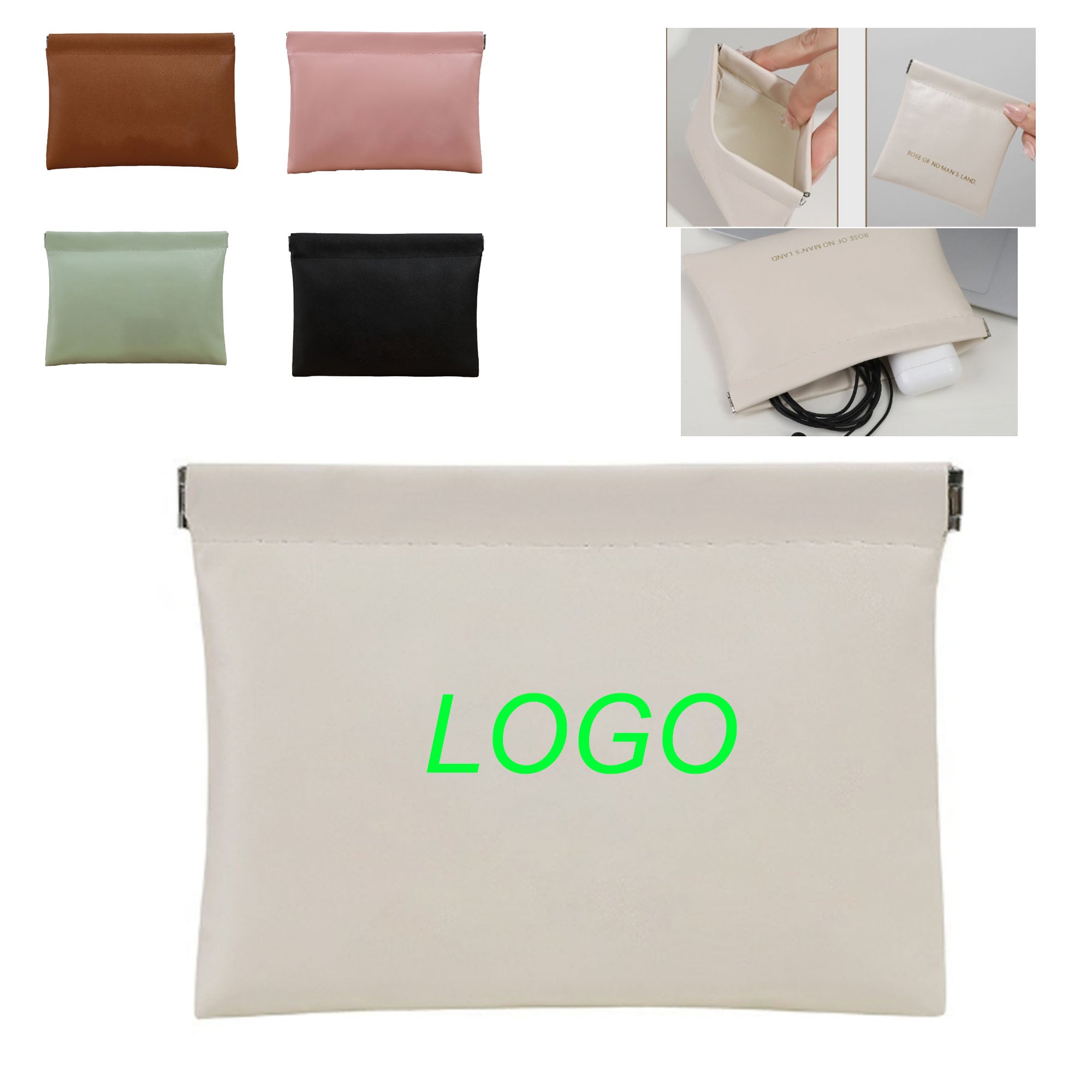 PU Leather Snap Storage Pouch Spring Closure Organizer Bag