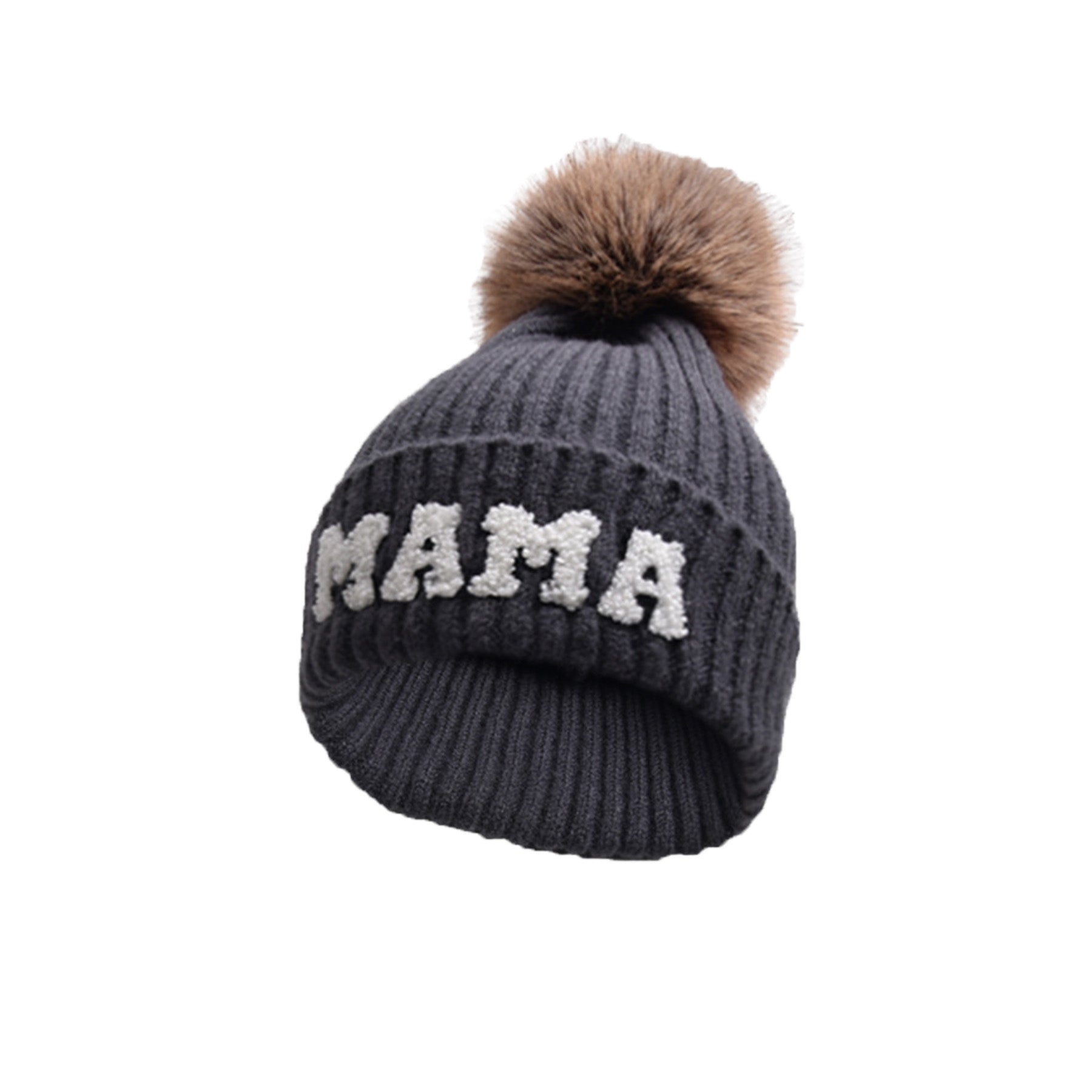 Embroidered Letter Pompom Knitted Beanie Hat