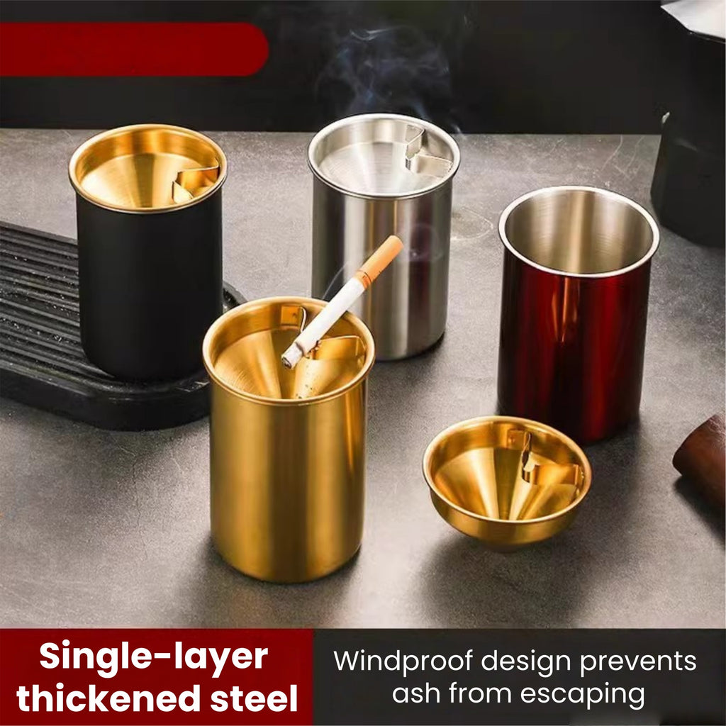 Stainless Steel Ashtray With Lid - Anti-Ash Flying Design
