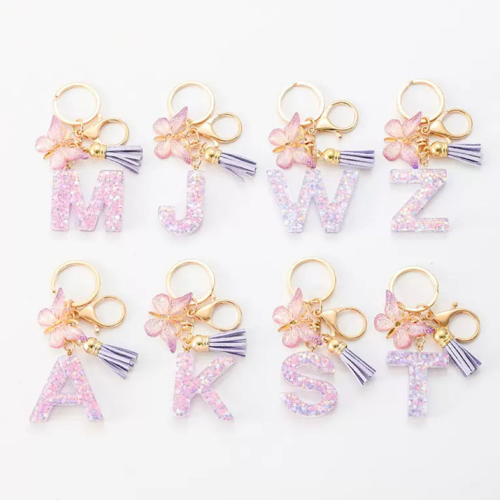 Resin Initial Keychain With Butterfly Pendant