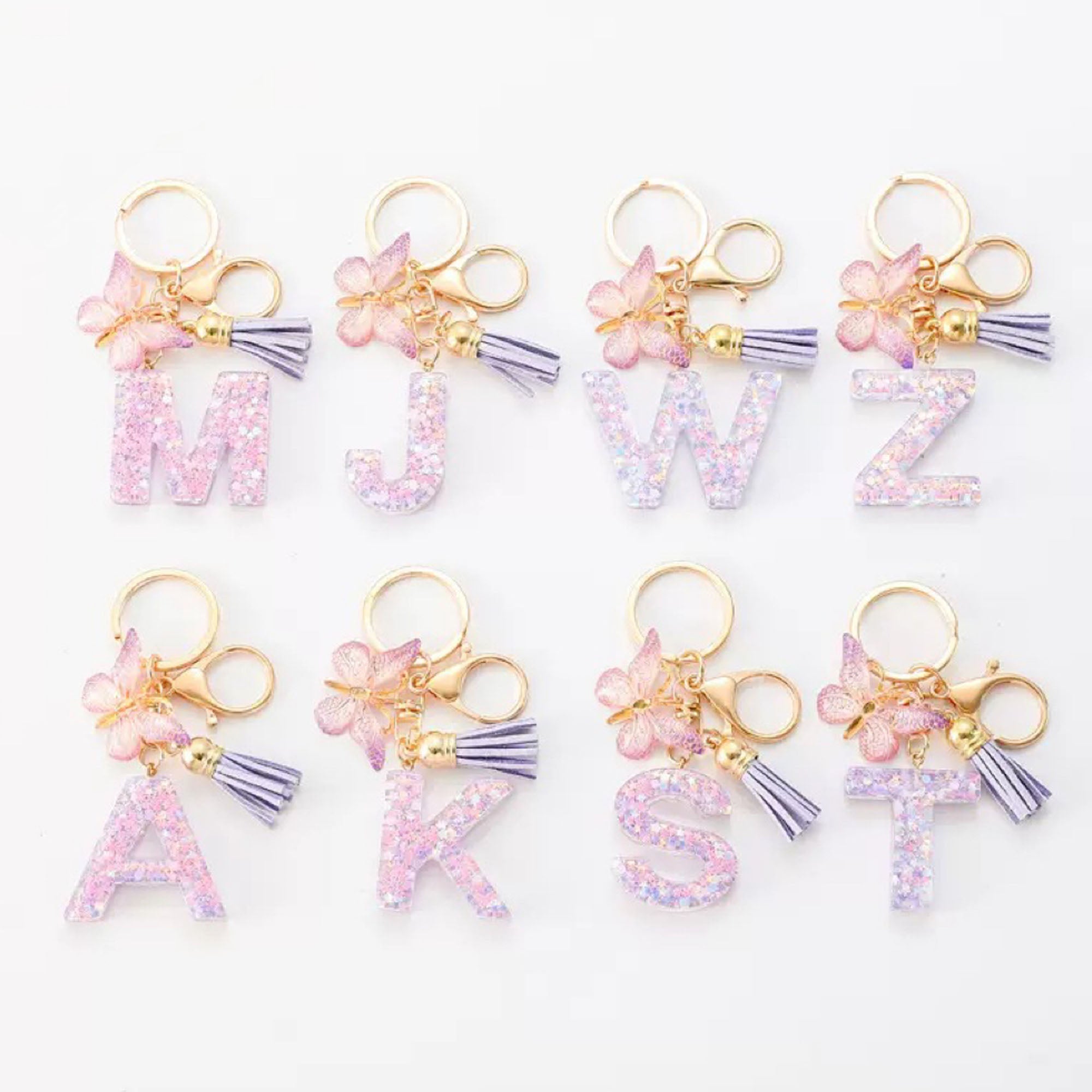 Resin Initial Keychain With Butterfly Pendant