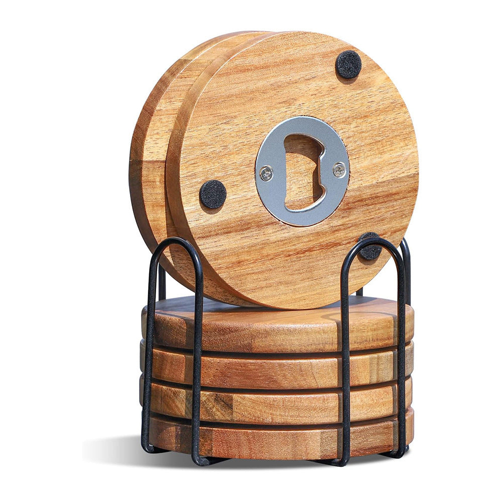 Wood Coaster Set With Built-In Bottle Opener
