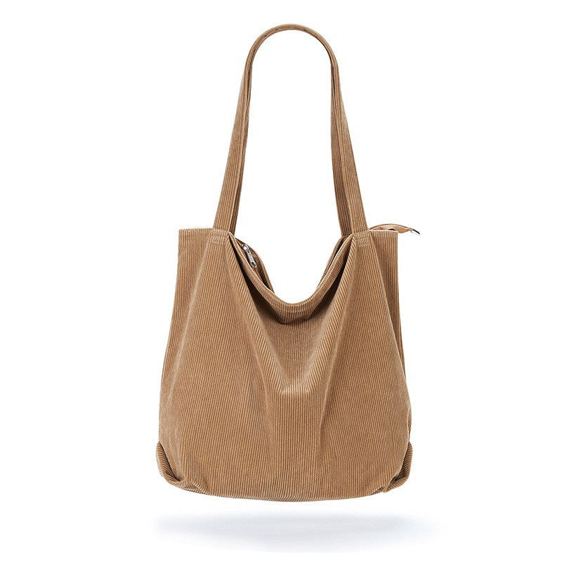 Corduroy Tote Bag with Zipper and Pockets Big Capacity