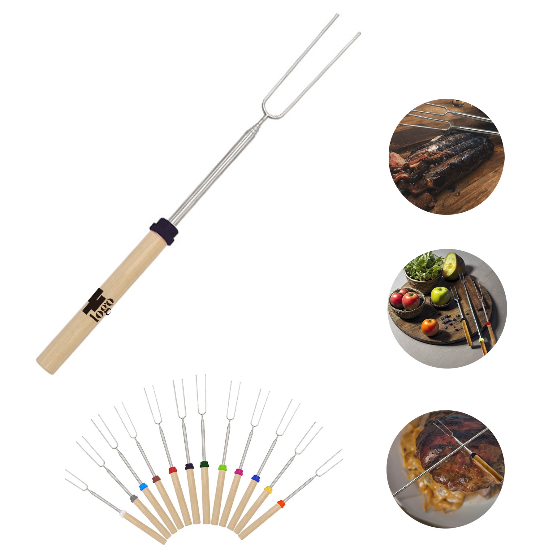 Stainless Steel Telescopic Wooden Handle Barbecue Fork