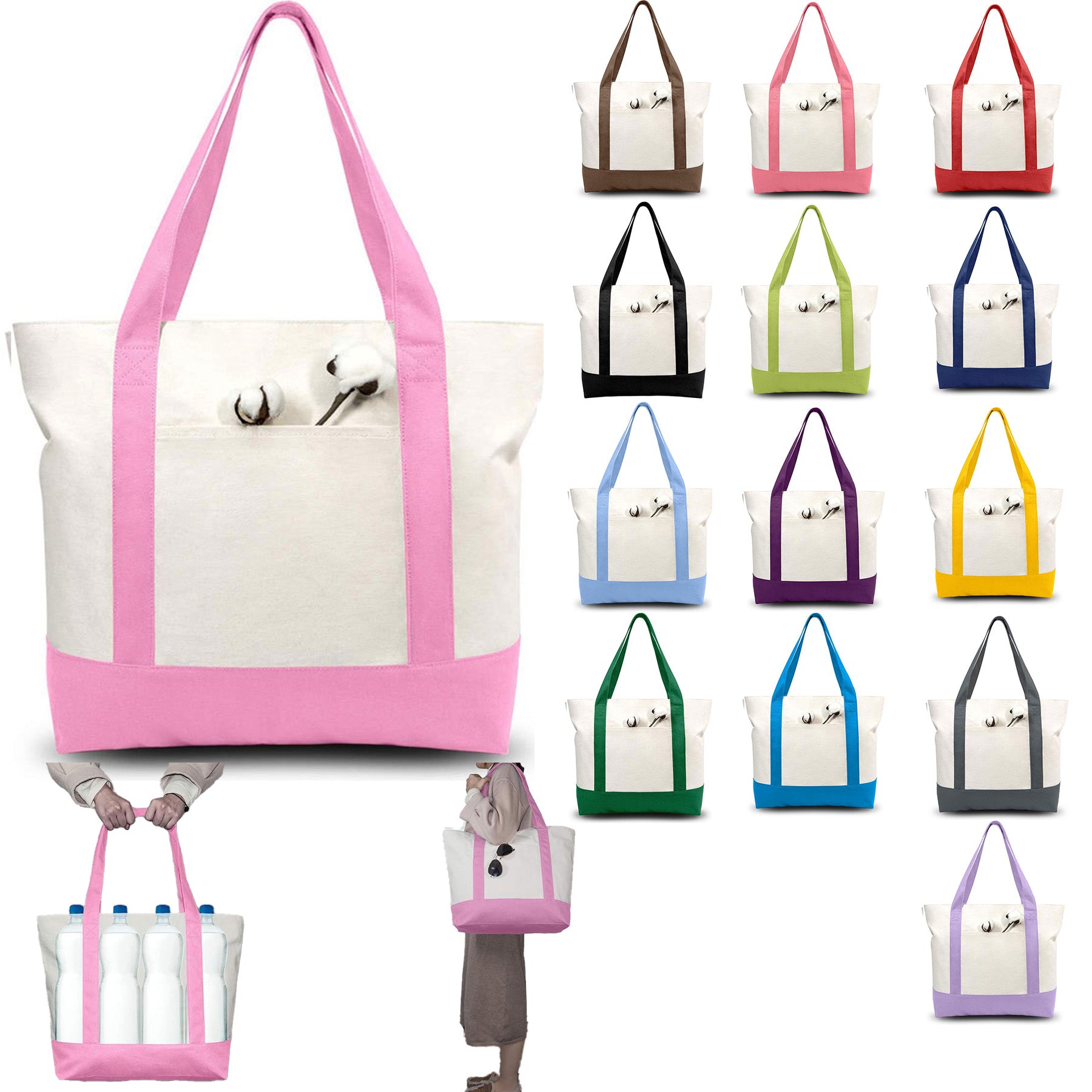 Canvas Tote Bag with Zipper External Pocket Reusable