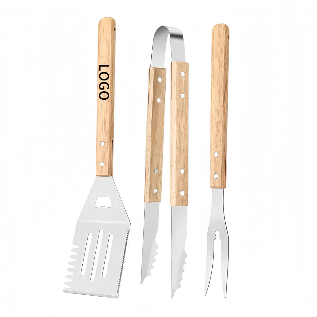 Three-Piece Set Of Barbecue Fork, Spatula And Tongs With Stainless Steel And Solid Wood Handles