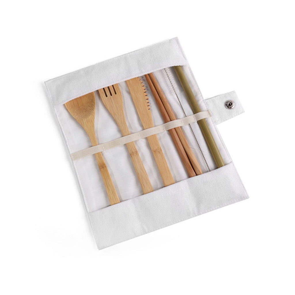 Portable Bamboo Flatware Set With Foldable Canvas Bag