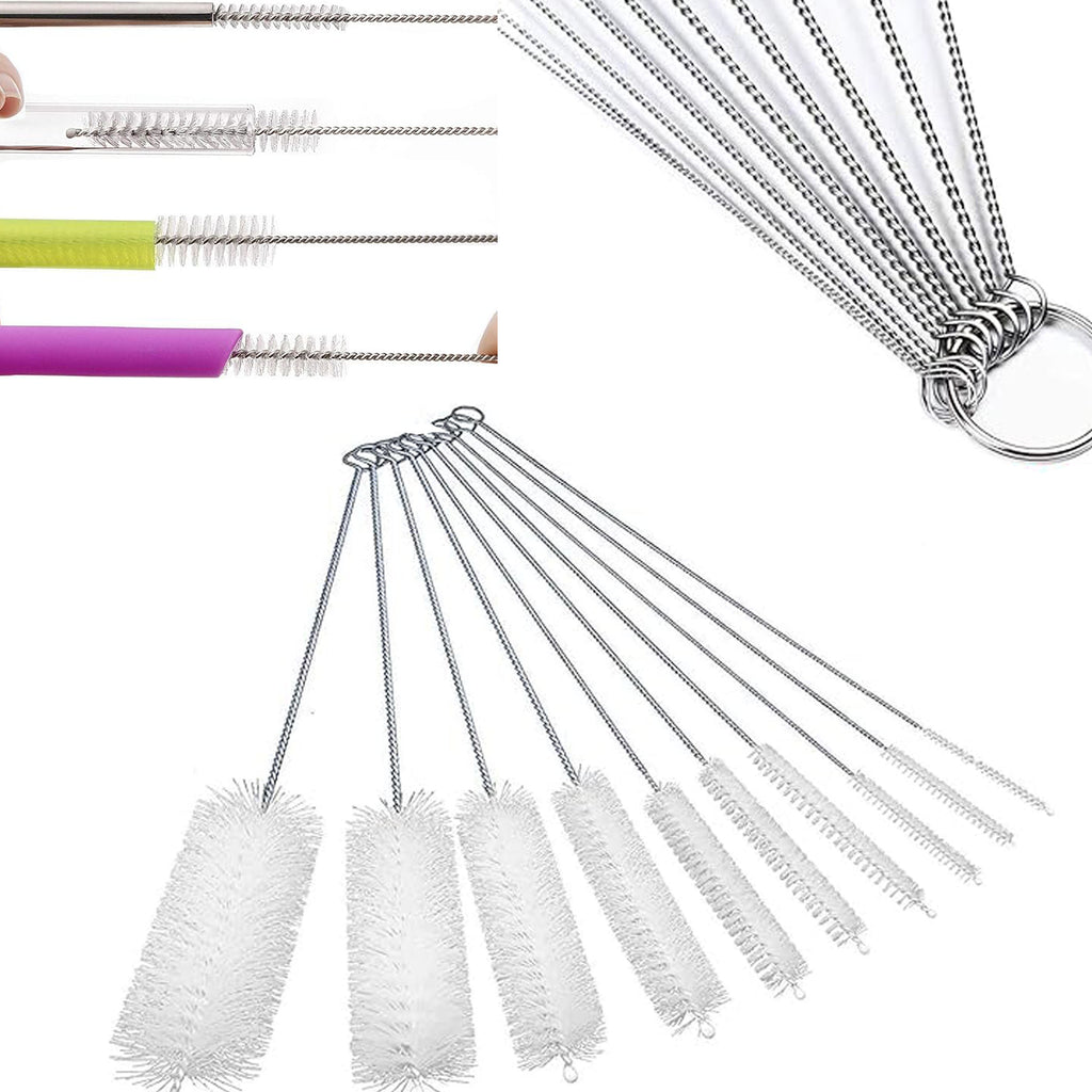 Pack Of Ten Stainless Steel Nylon Straw Cleaning Brush Set