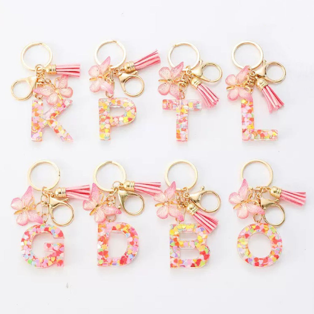 Resin Initial Keychain With Butterfly Pendant