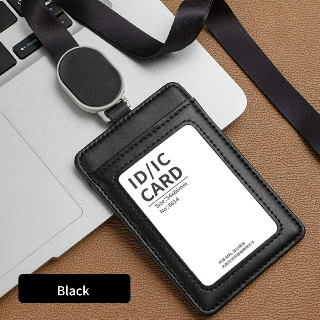 Leather ID Card Holder and Retractable Lanyard Set