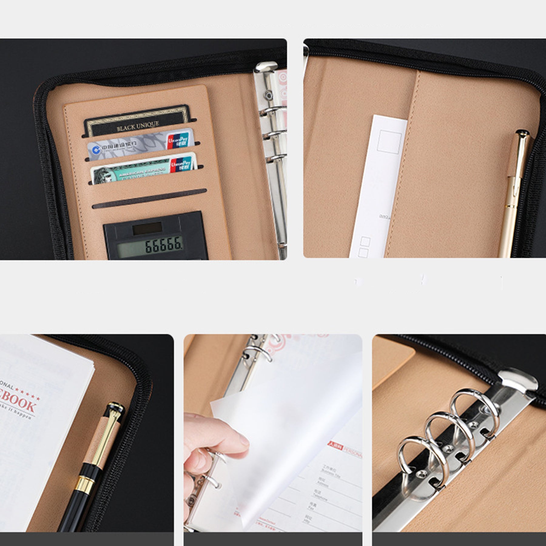 A5 Business PU Leather Zipper Bag Loose Leaf Notebook With Calculator