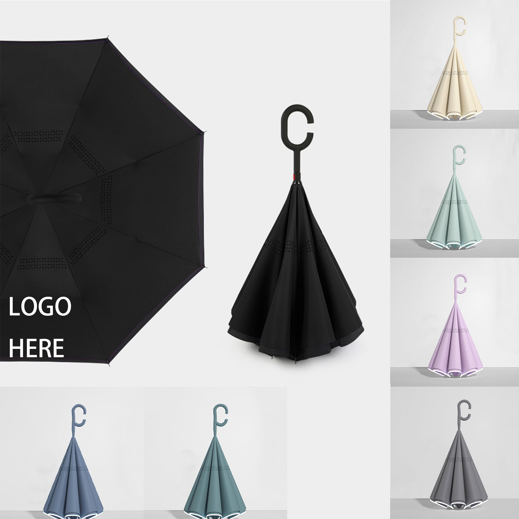 C Shaped Handle Reverse Folding Windproof Umbrella