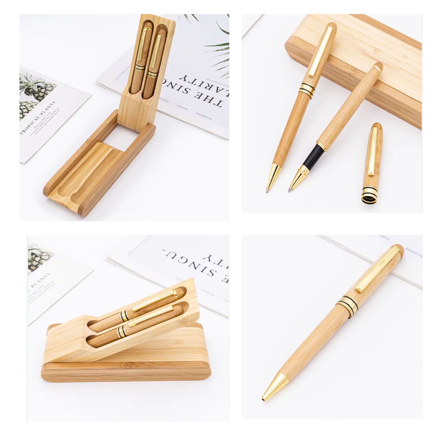 Creative Bamboo Gel Ink Rollerball Pen And Fountain Pen Set