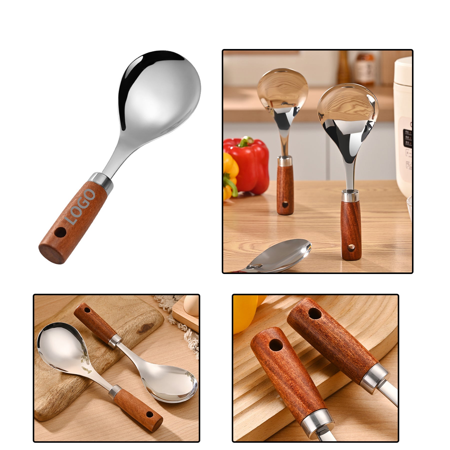 Wooden Handle Stainless Steel Serving Spoon