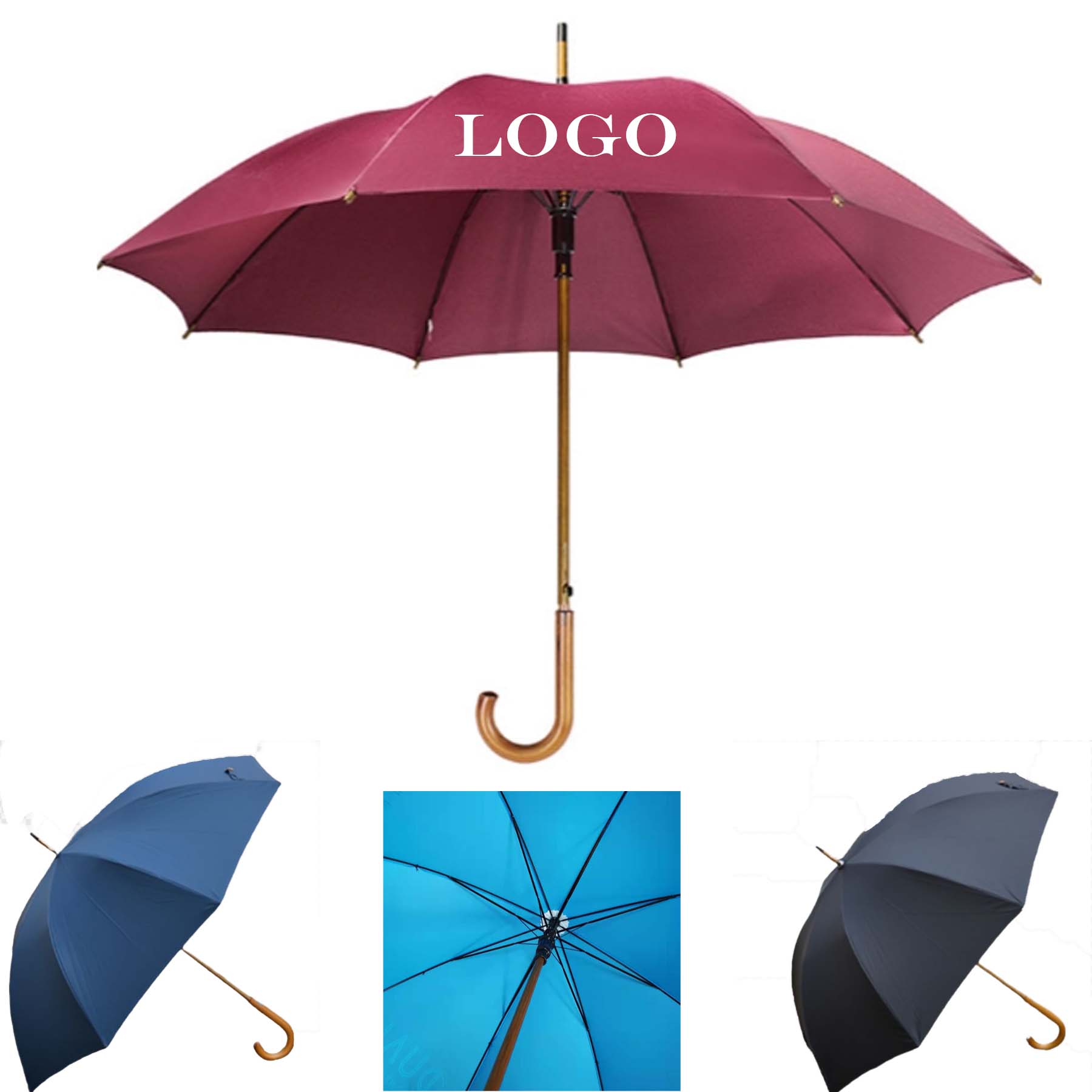 Curved 48" 8-Bone Solid Wood Curved Handle Umbrella