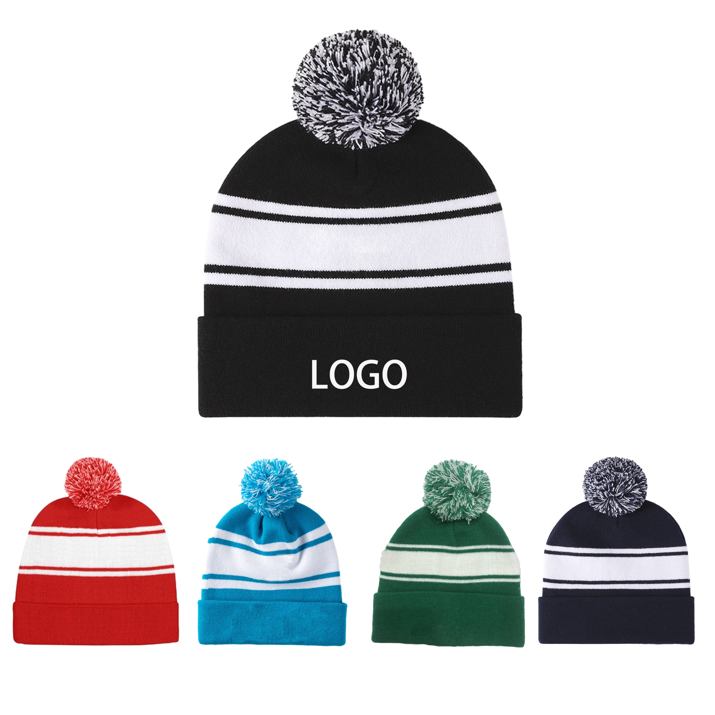 Two Tone Knit Pom Beanie With Cuff